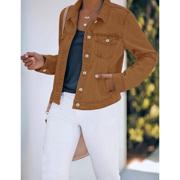 Women's Basic Button Down Stretch Fitted Long Sleeves Denim Jean Jacket Brown - Picture 2 of 8